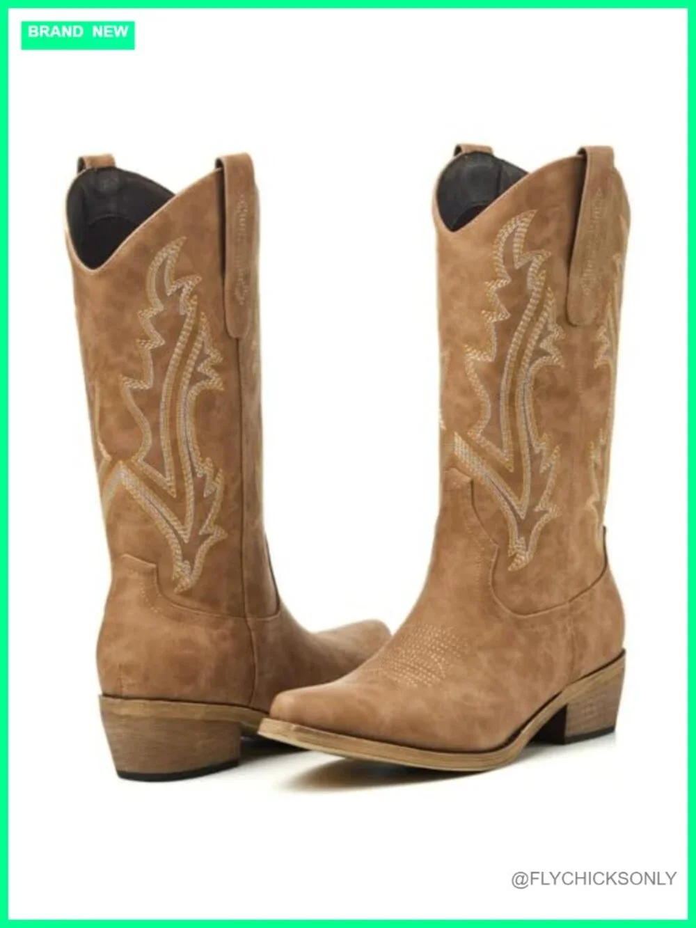 Faux Leather Embroidered Cowboy Boots with Chunky Heel, Pull-On Mid-Calf Boots